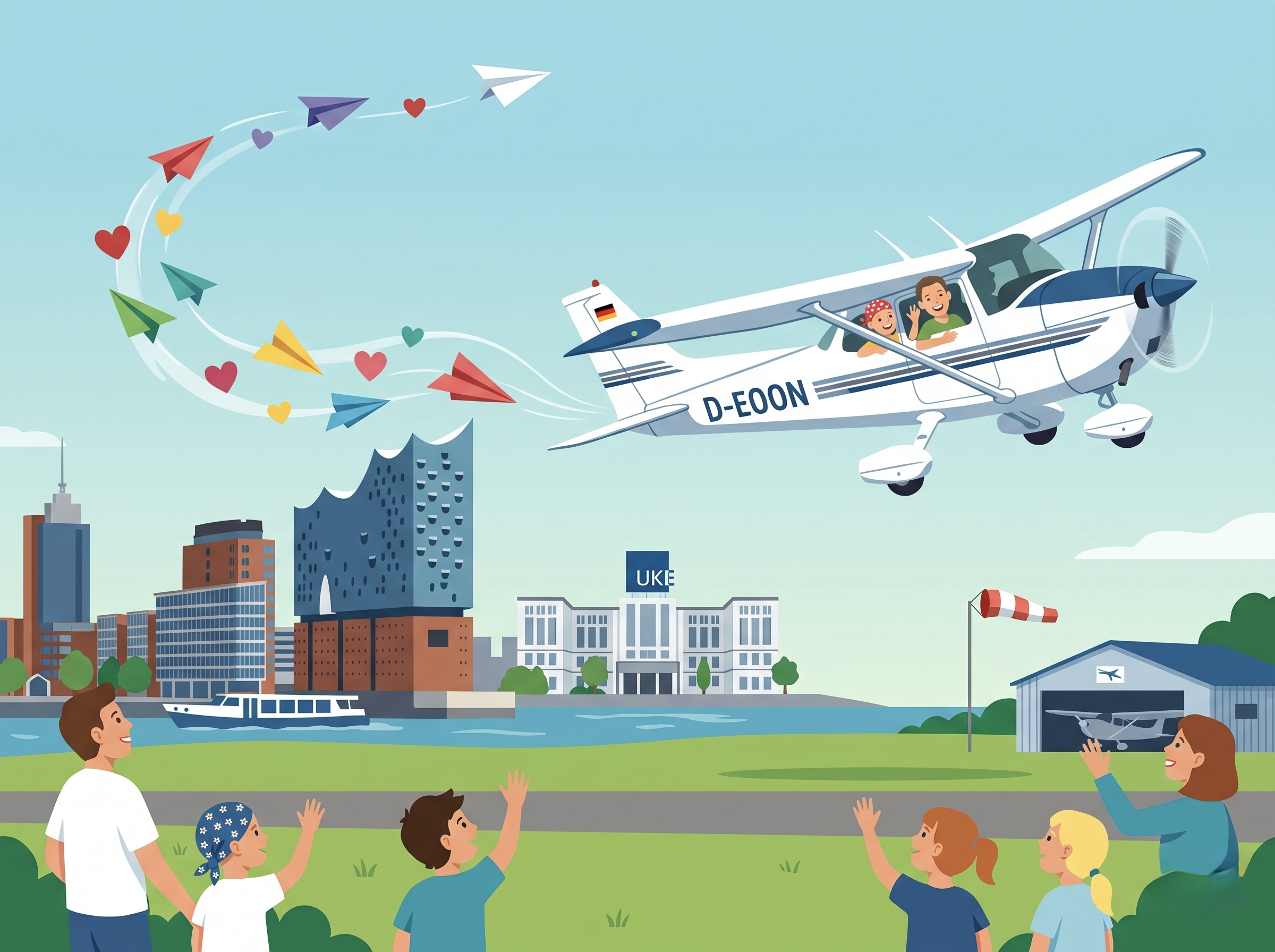 Illustration: Cessna D-EOON fliegt über Hamburg, Kinder winken vom Flugplatz